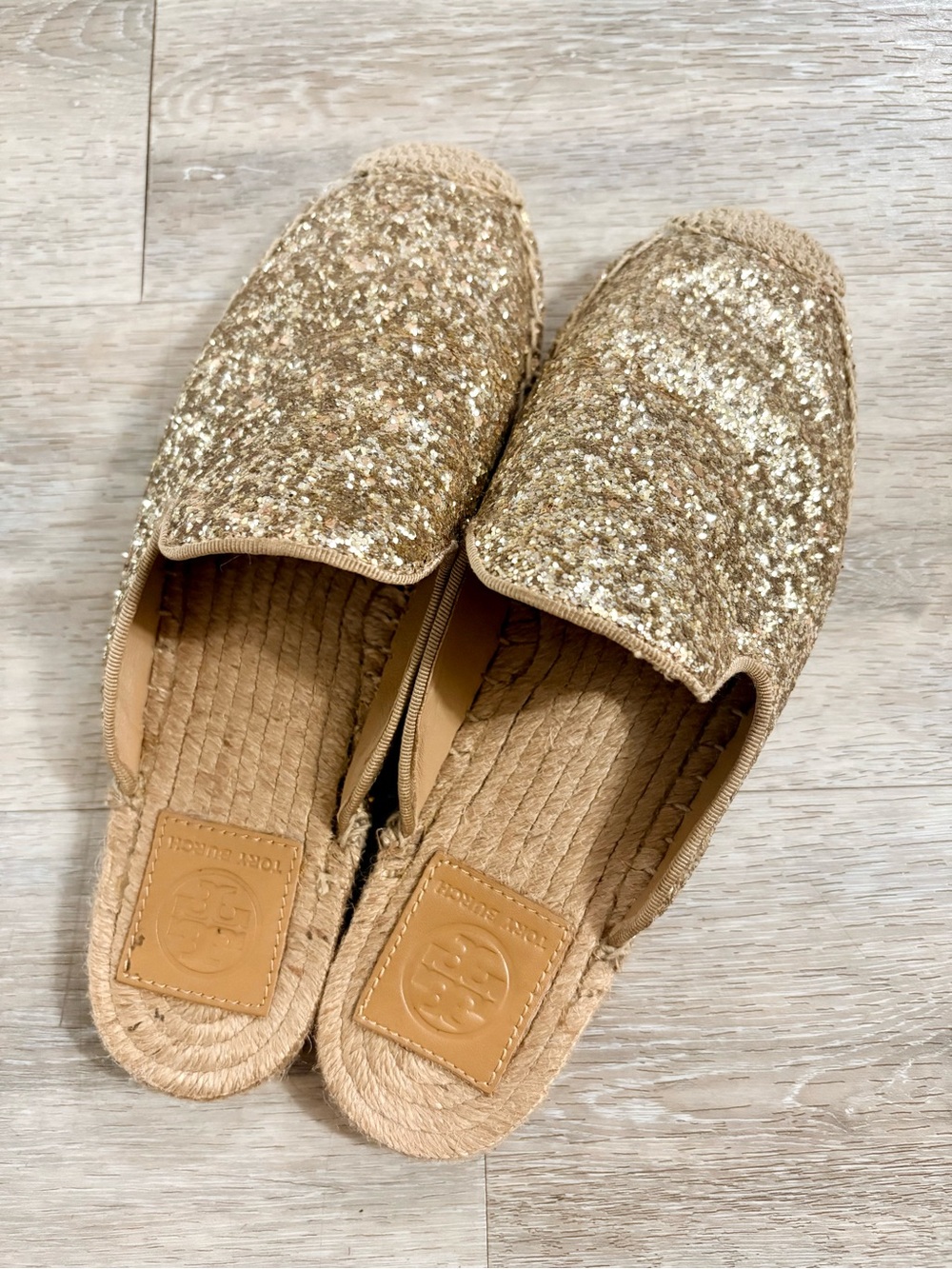 Tory Burch Gold Glitter Slip-On Espadrille Mules